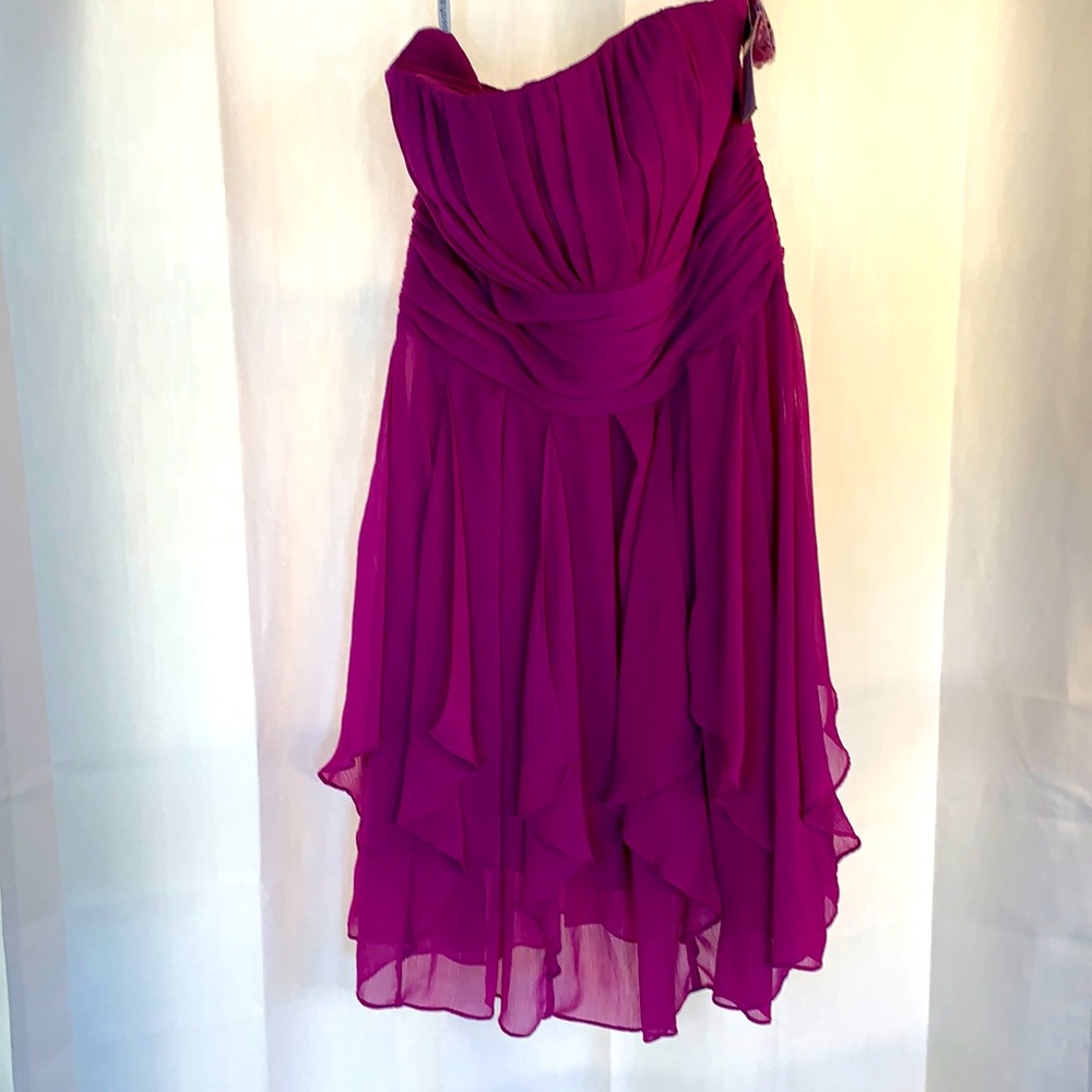 David's Bridal Fuchsia Strapless Chiffon Midi Dress